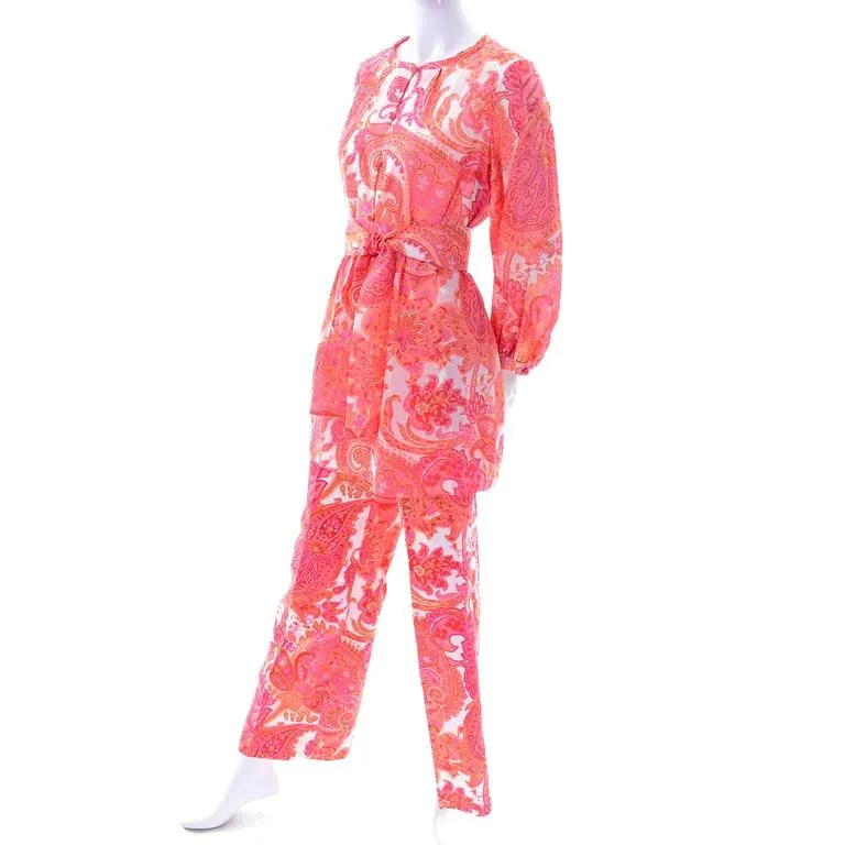 1970s Tunic & High Waisted Pants Outfit w/ Belt Pink & Orange Paisley