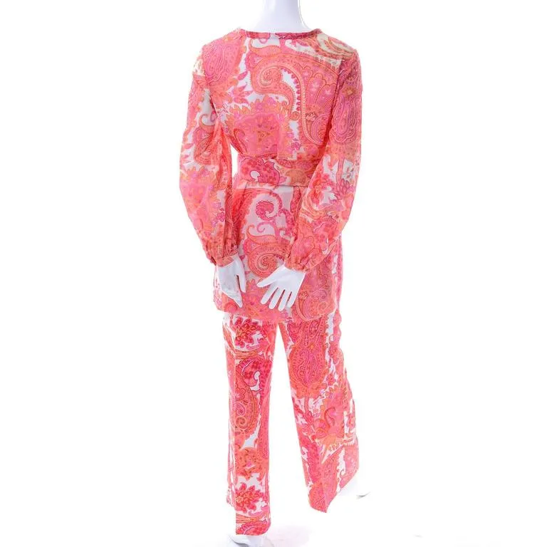 1970s Tunic & High Waisted Pants Outfit w/ Belt Pink & Orange Paisley