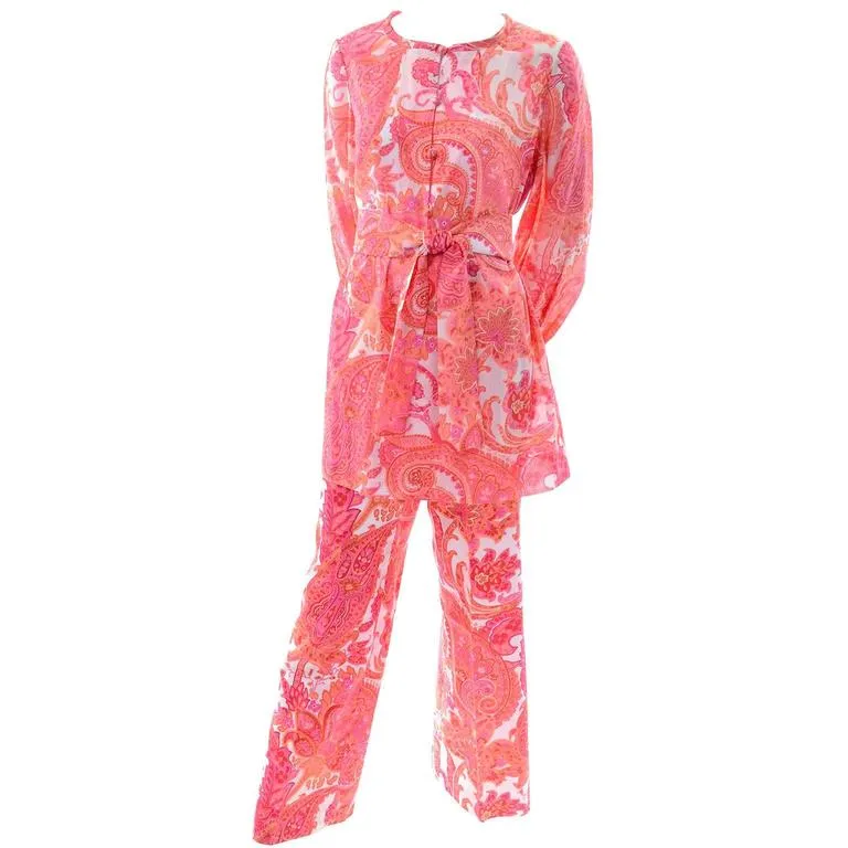 1970s Tunic & High Waisted Pants Outfit w/ Belt Pink & Orange Paisley