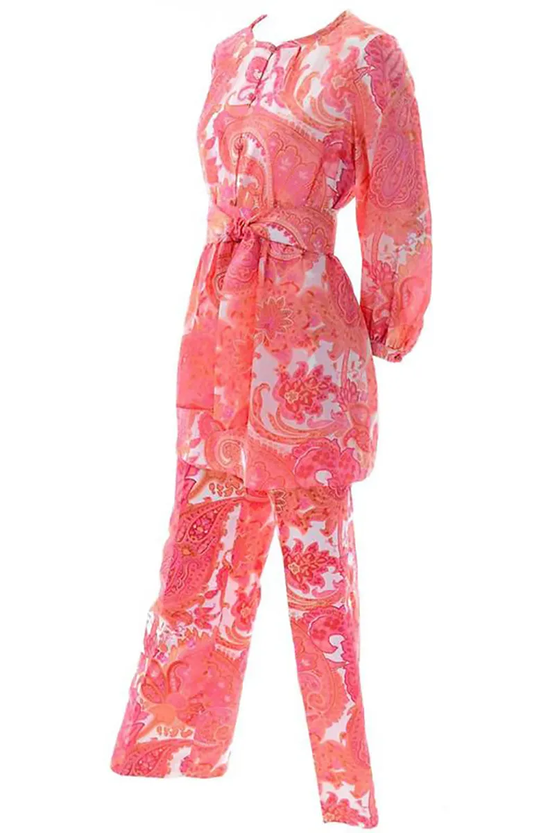 1970s Tunic & High Waisted Pants Outfit w/ Belt Pink & Orange Paisley