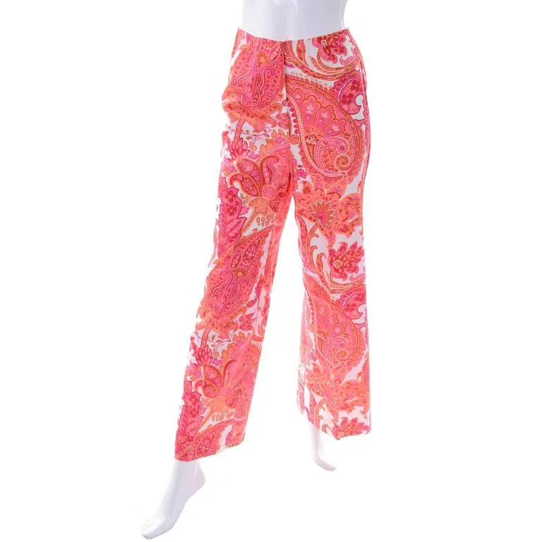 1970s Tunic & High Waisted Pants Outfit w/ Belt Pink & Orange Paisley