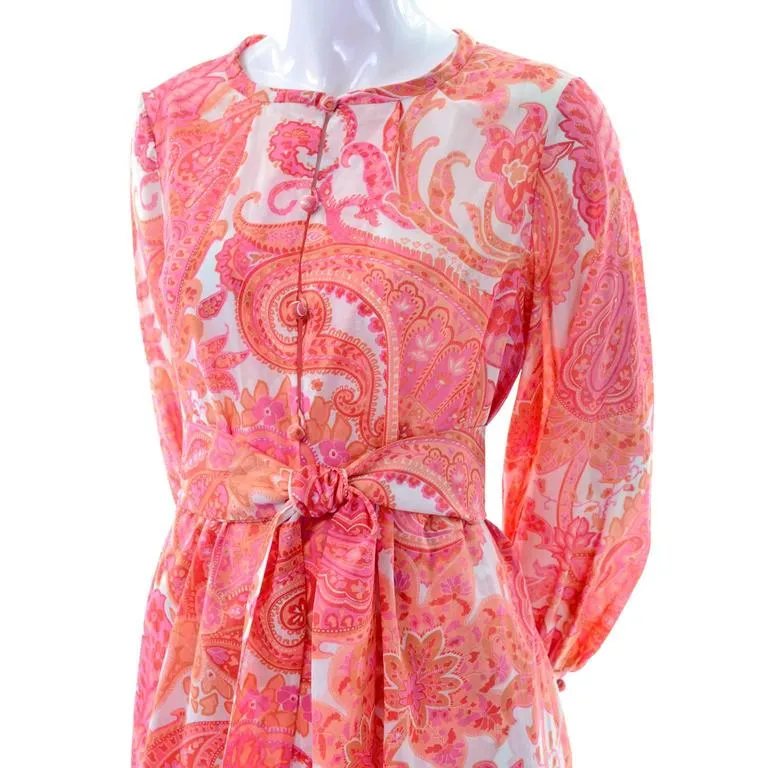 1970s Tunic & High Waisted Pants Outfit w/ Belt Pink & Orange Paisley