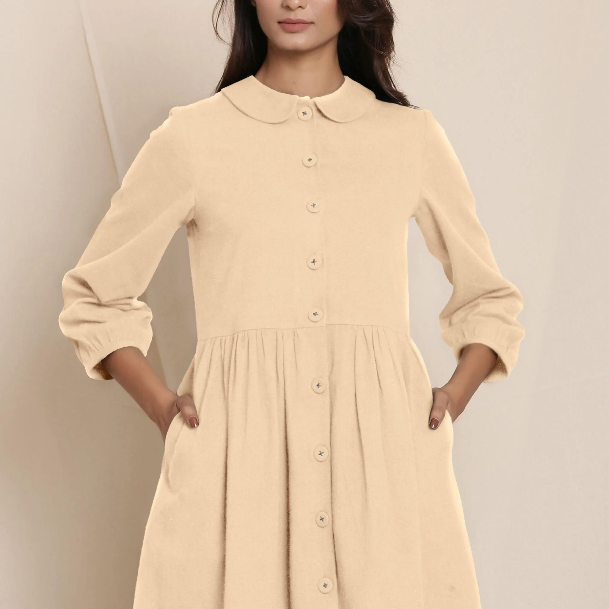 Beige Warm Cotton Flannel Peter Pan Midi Dress
