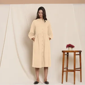 Beige Warm Cotton Flannel Peter Pan Midi Dress