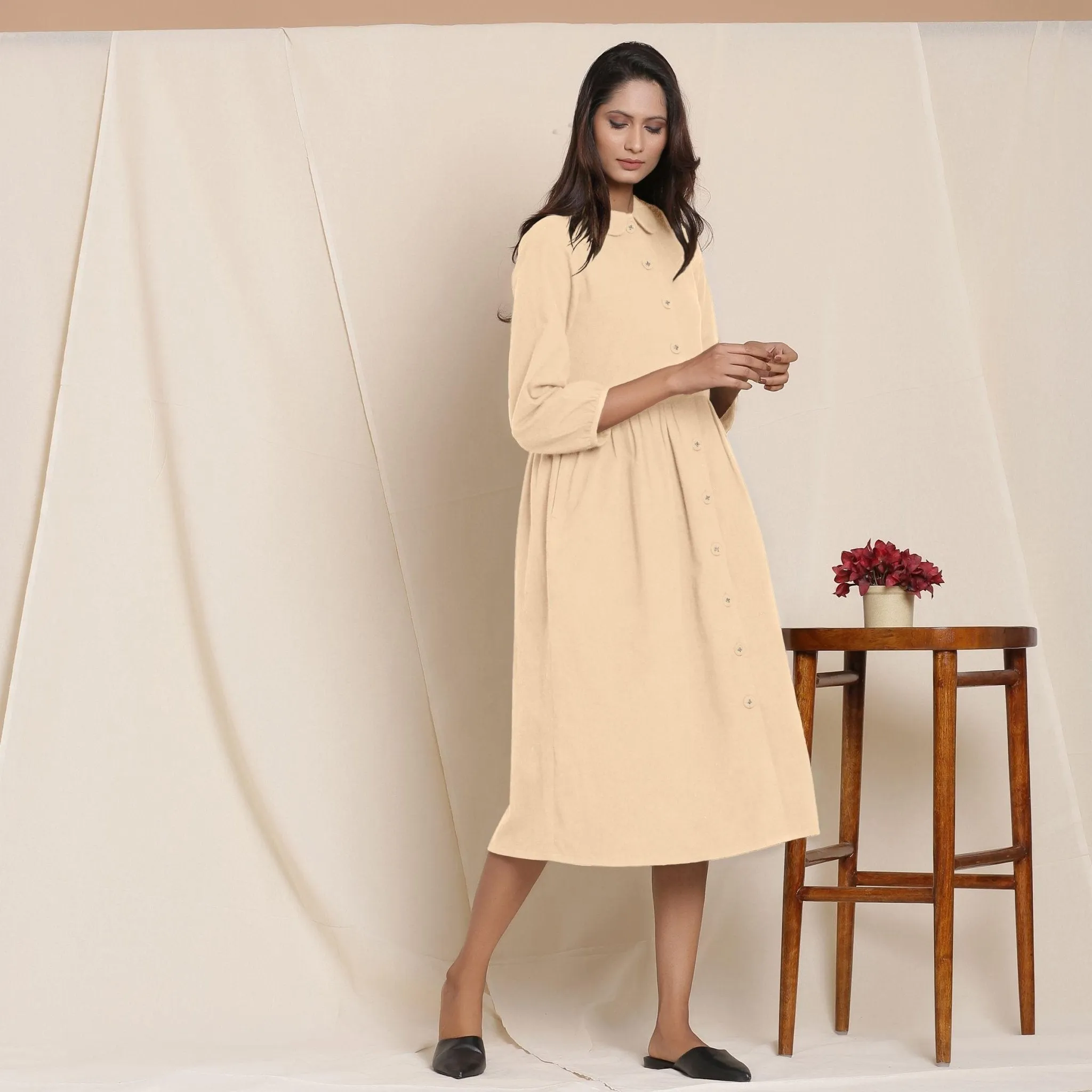 Beige Warm Cotton Flannel Peter Pan Midi Dress