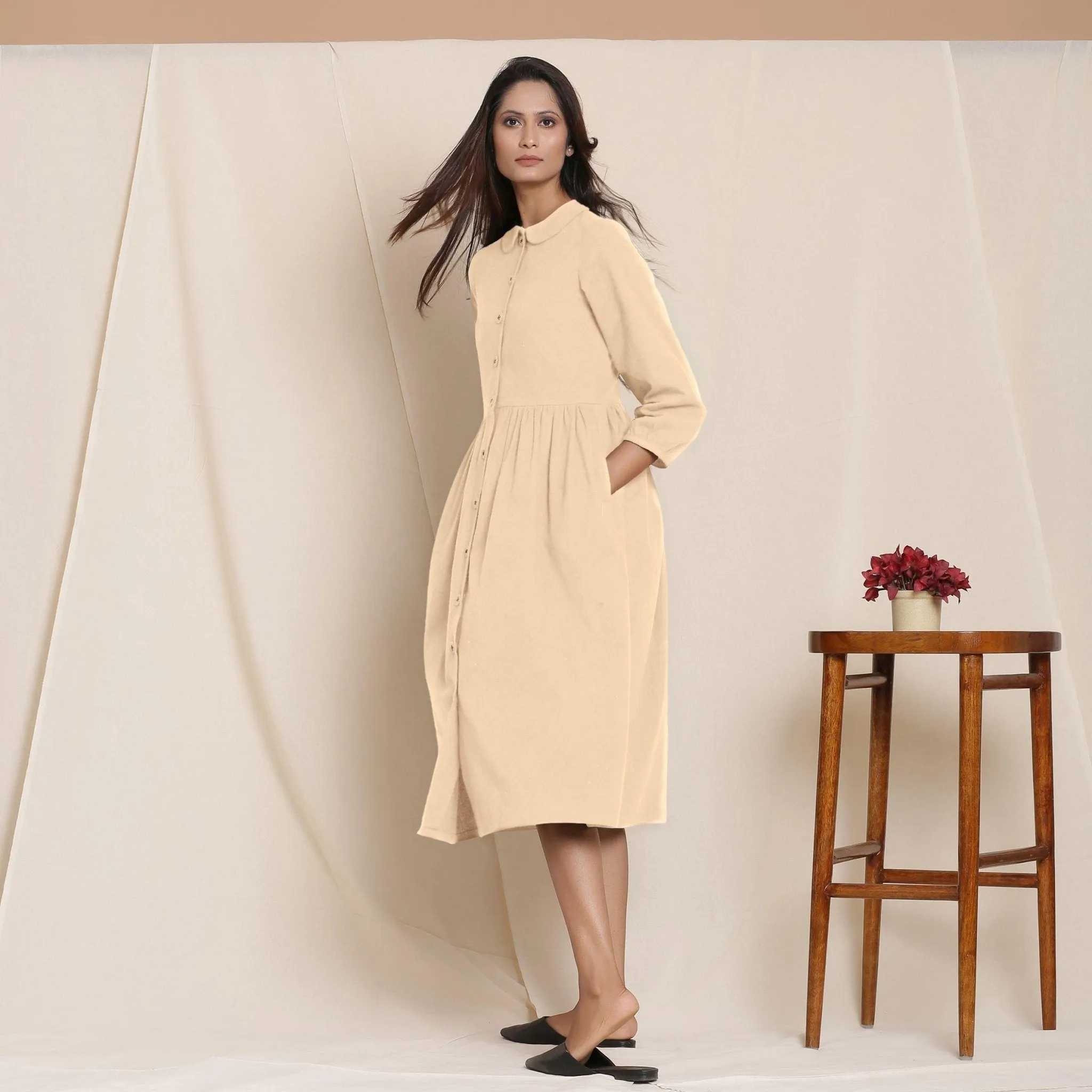 Beige Warm Cotton Flannel Peter Pan Midi Dress