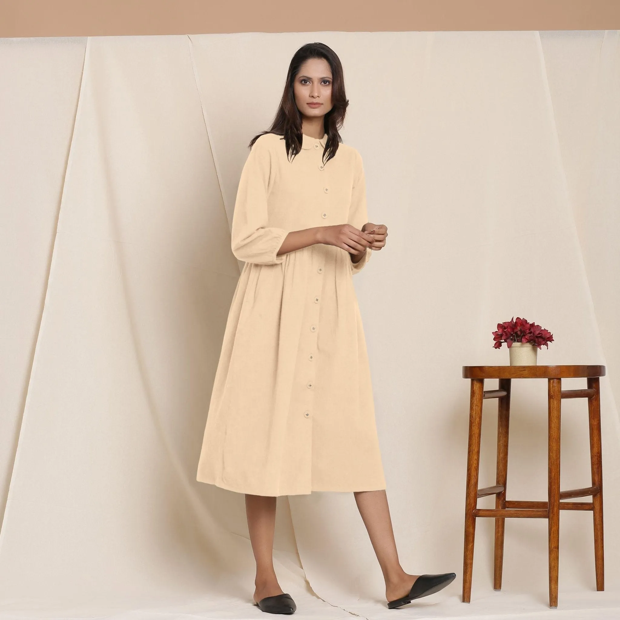 Beige Warm Cotton Flannel Peter Pan Midi Dress