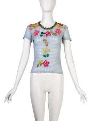 Christian Lacroix Vintage SS 2000 Baby Blue Multicolor Floral Embellished Knit Crochet Tee Sweater