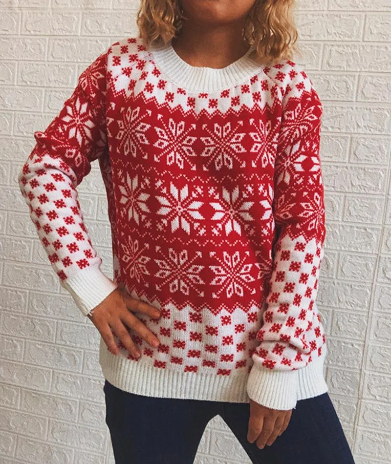 Classic Christmas sweater snowflake long-sleeved round neck knitted pullover women
