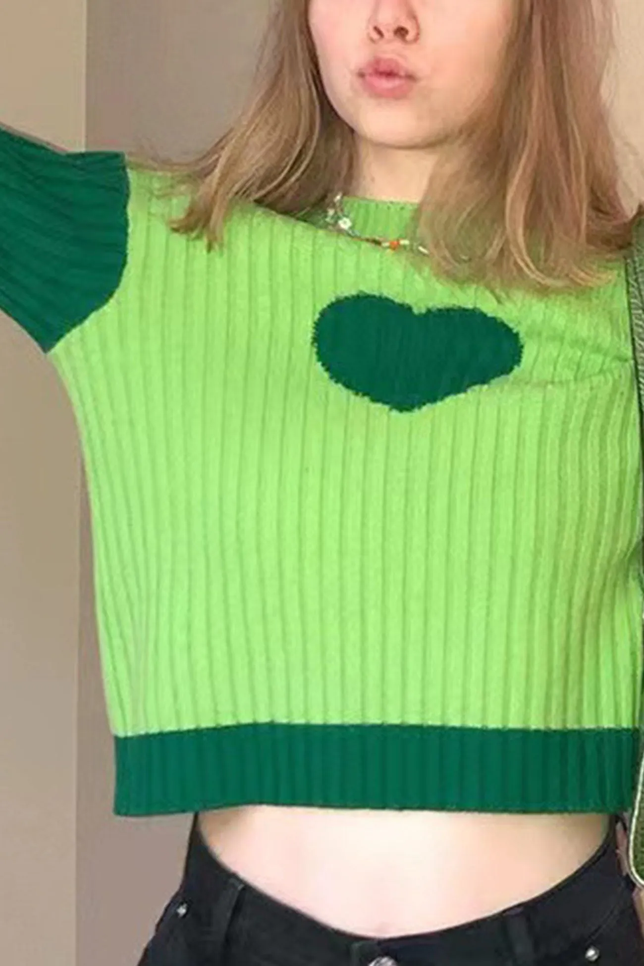 Contrast Mock Neck Heart Graphic Ribbed Knit Tops