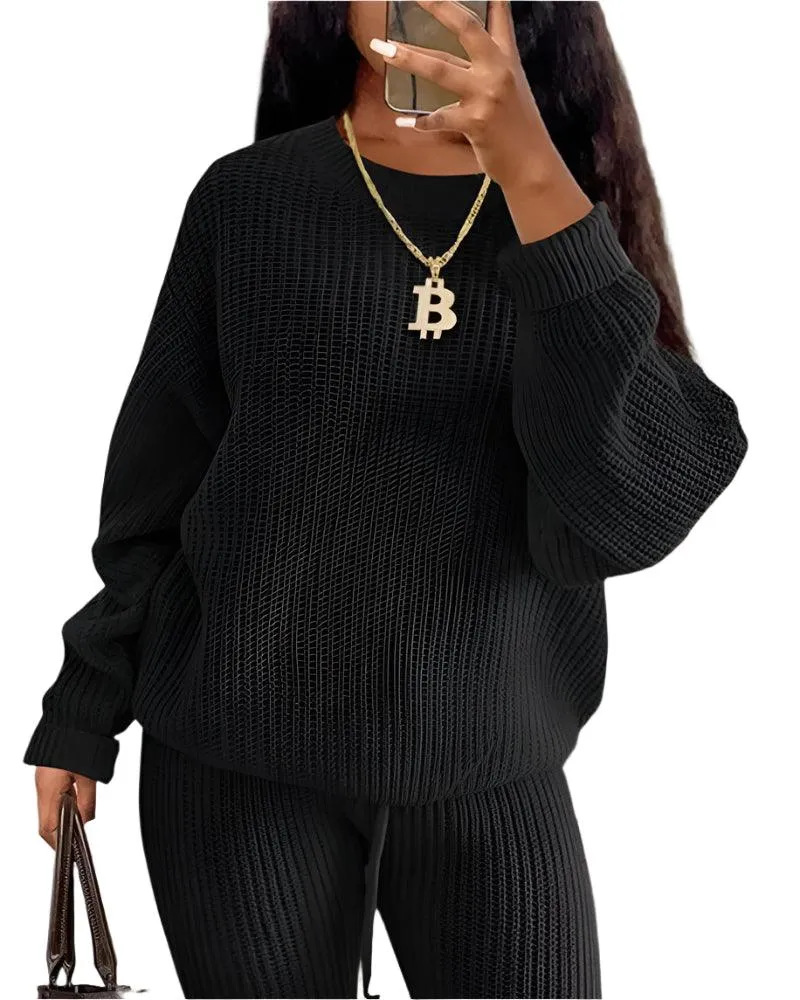 Fall/Winter Women's Casual Knitted Pants Suit - Slim Fit Wool-Blend Leisure Set