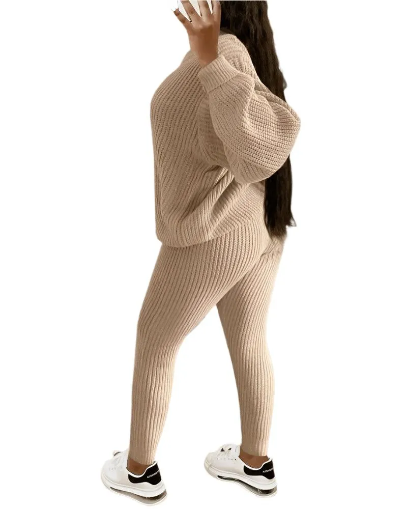 Fall/Winter Women's Casual Knitted Pants Suit - Slim Fit Wool-Blend Leisure Set