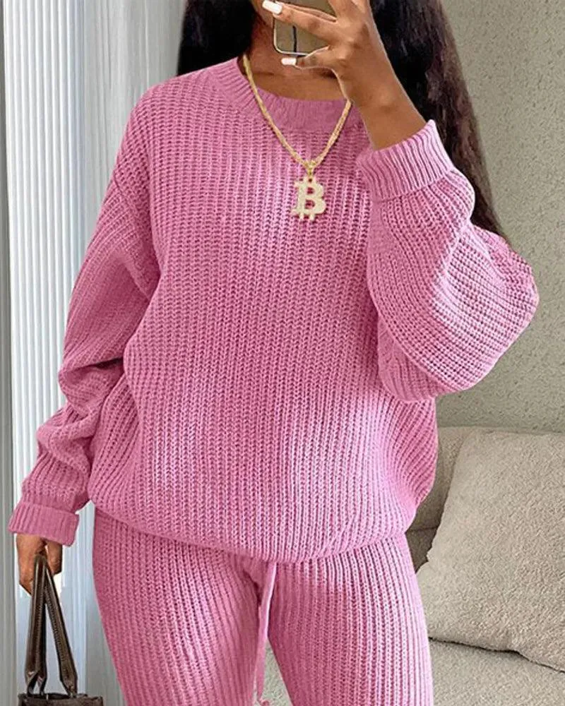 Fall/Winter Women's Casual Knitted Pants Suit - Slim Fit Wool-Blend Leisure Set