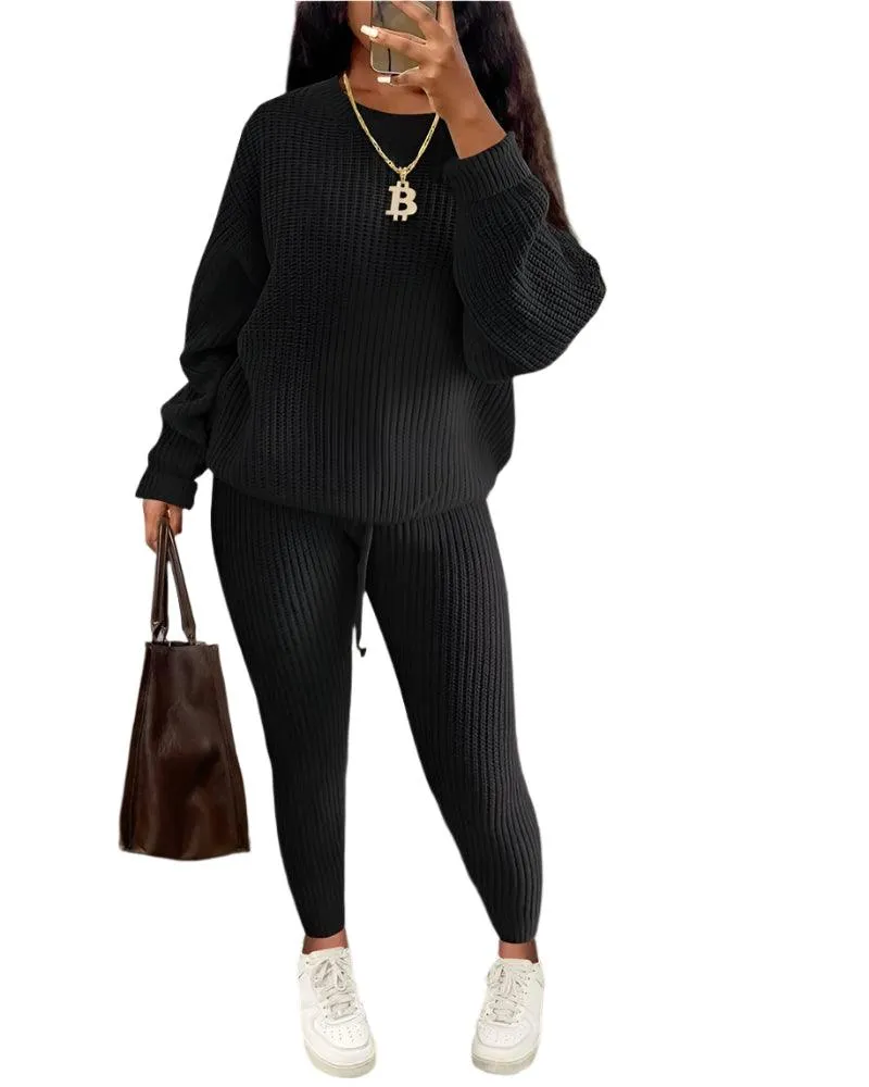 Fall/Winter Women's Casual Knitted Pants Suit - Slim Fit Wool-Blend Leisure Set