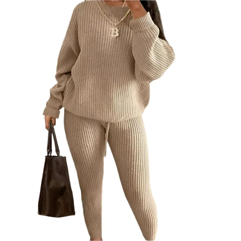 Fall/Winter Women's Casual Knitted Pants Suit - Slim Fit Wool-Blend Leisure Set