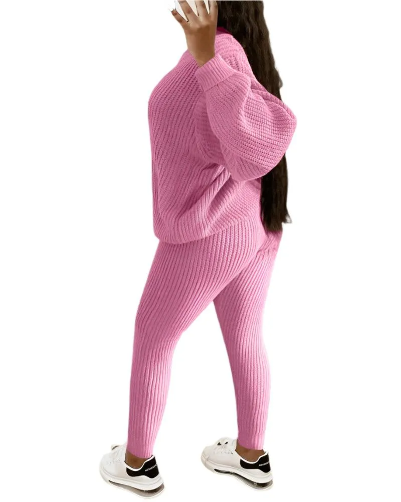 Fall/Winter Women's Casual Knitted Pants Suit - Slim Fit Wool-Blend Leisure Set