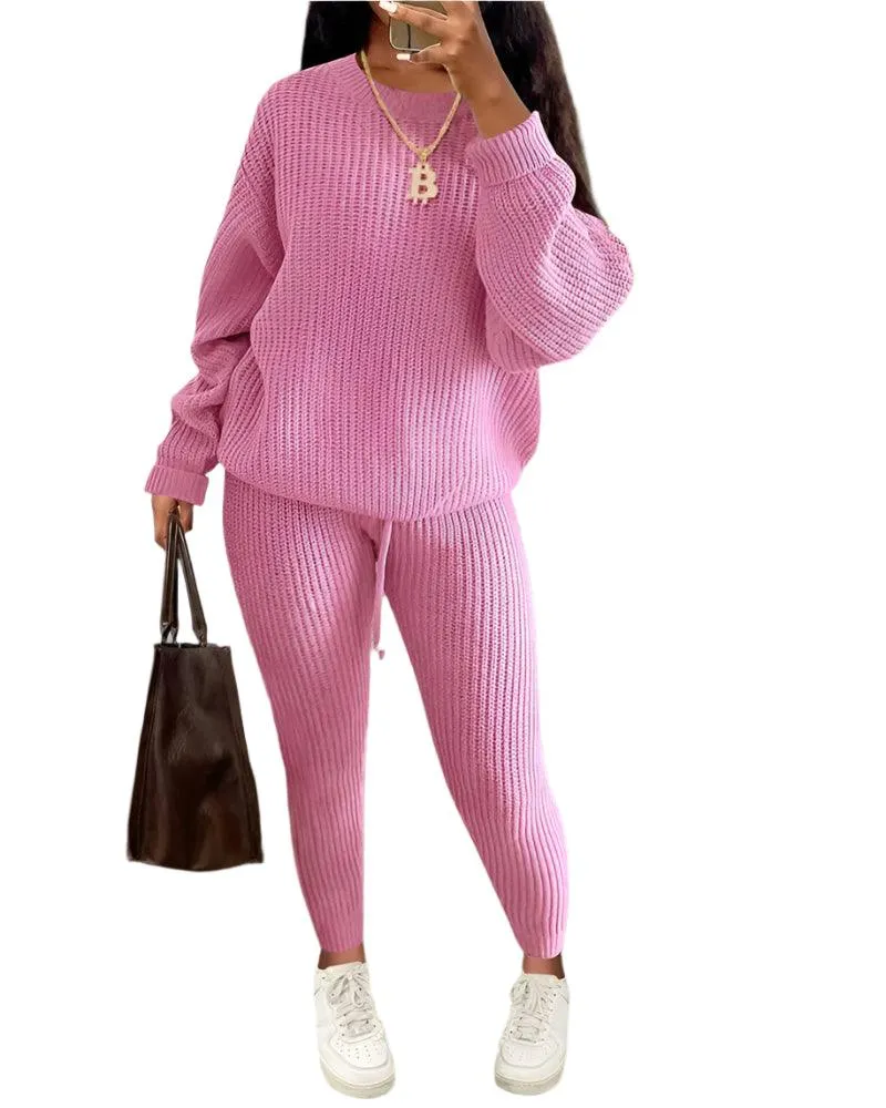 Fall/Winter Women's Casual Knitted Pants Suit - Slim Fit Wool-Blend Leisure Set