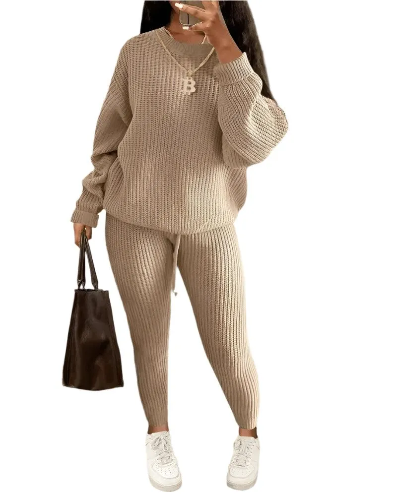 Fall/Winter Women's Casual Knitted Pants Suit - Slim Fit Wool-Blend Leisure Set