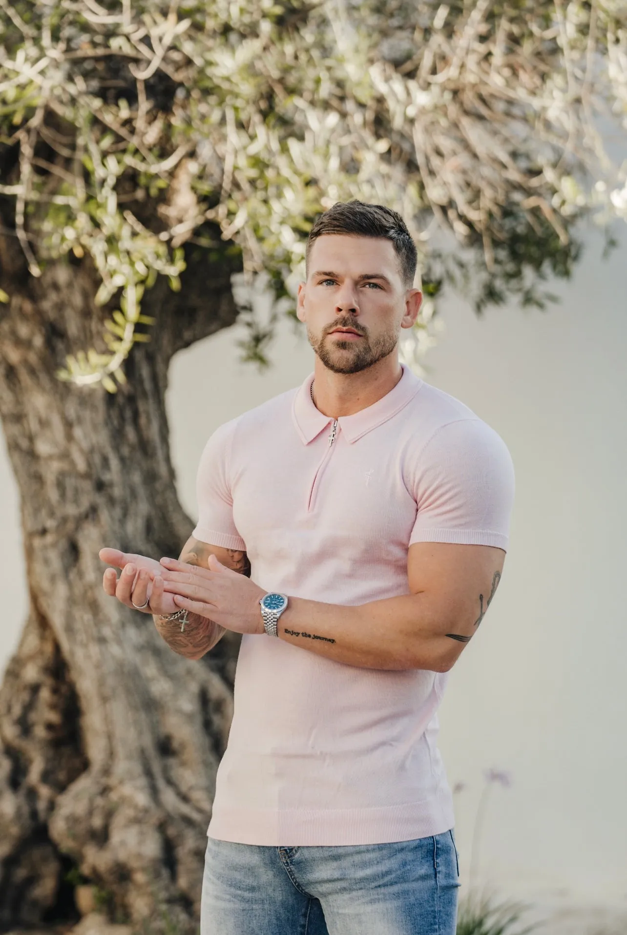 Father Sons Classic Pale Pink Merino Wool Knitted Zip Polo Short Sleeve Sweater With FS Embroidery- FSN029