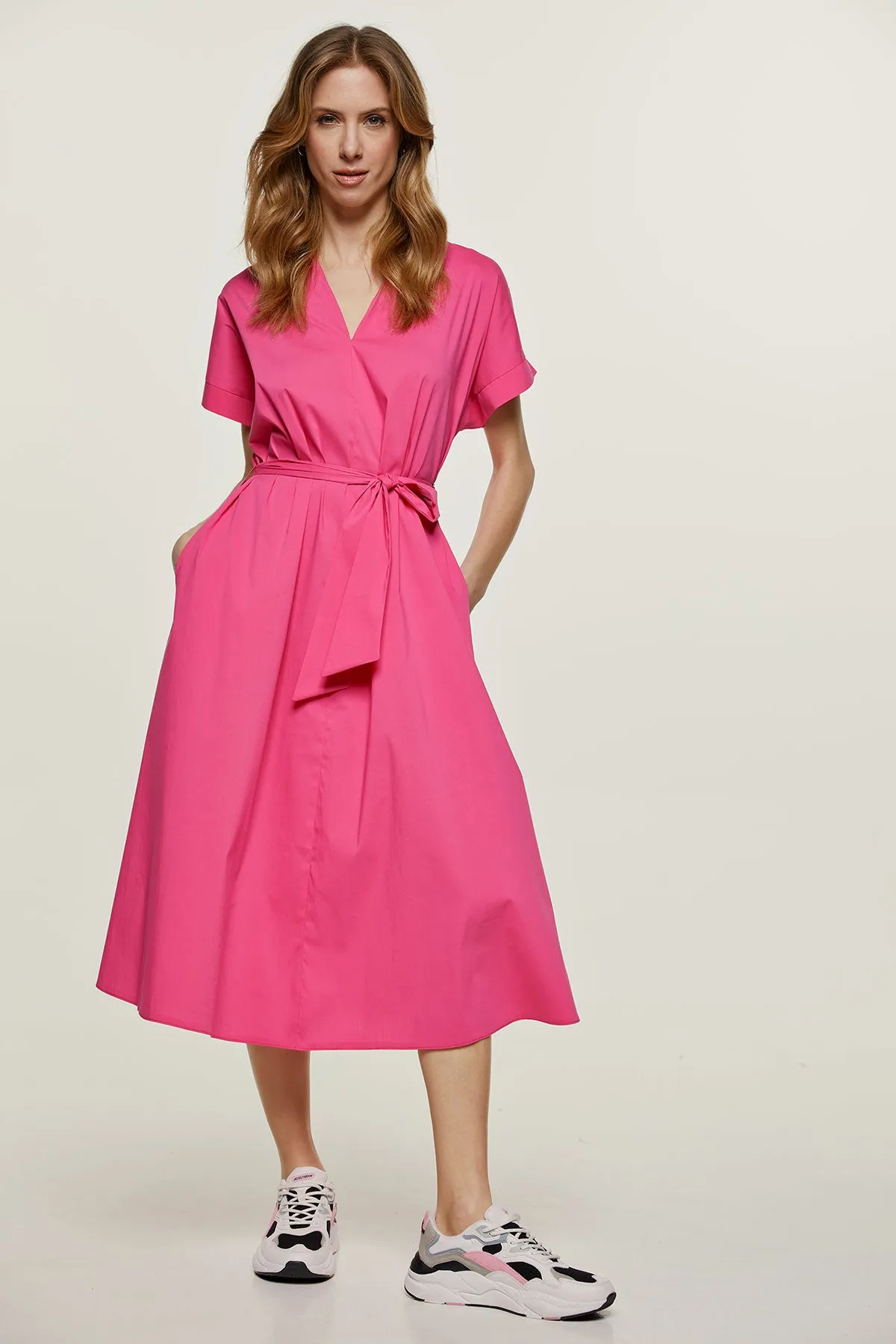 Fuchsia A Line Midi Dress with Belt