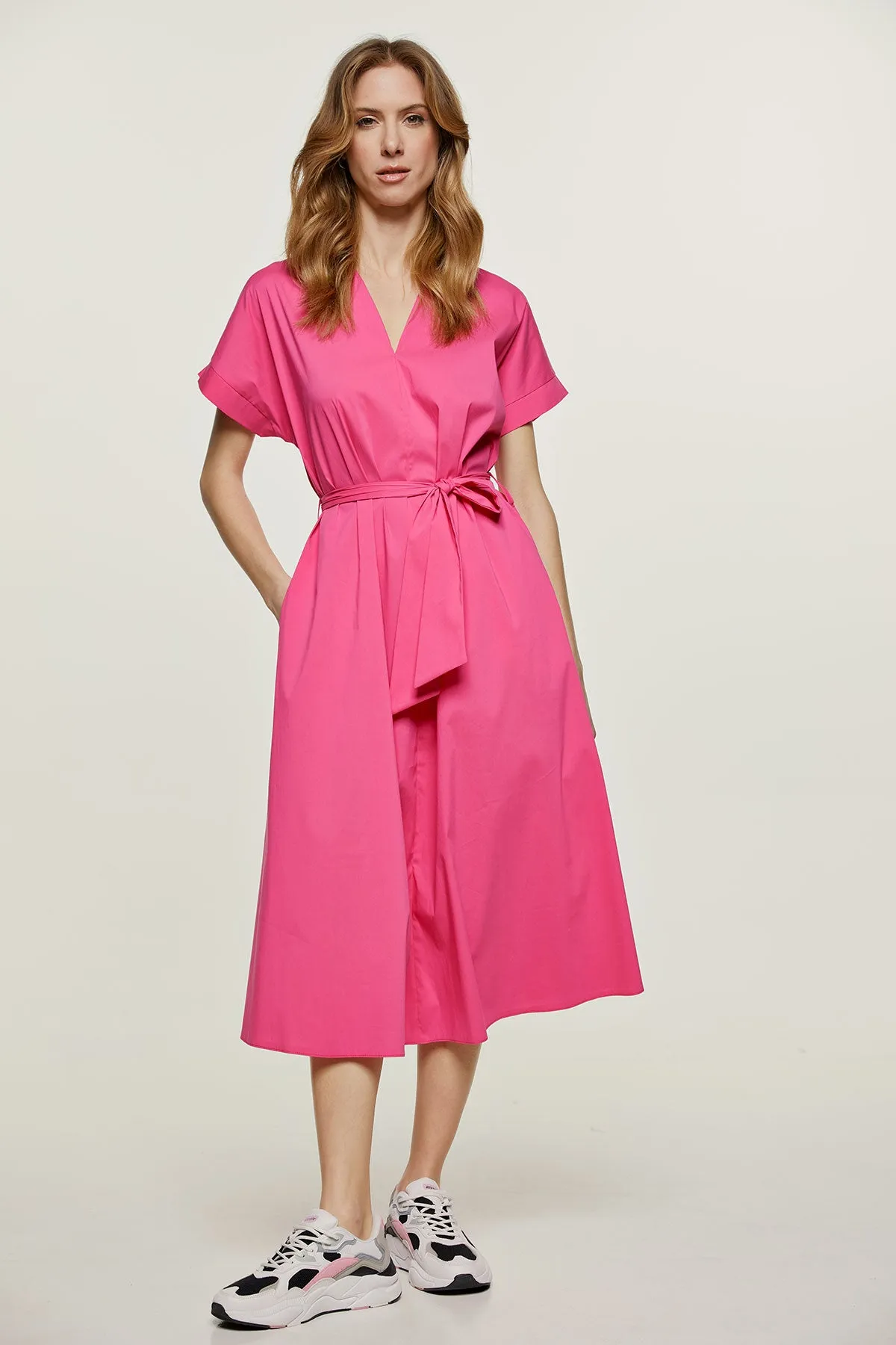 Fuchsia A Line Midi Dress with Belt