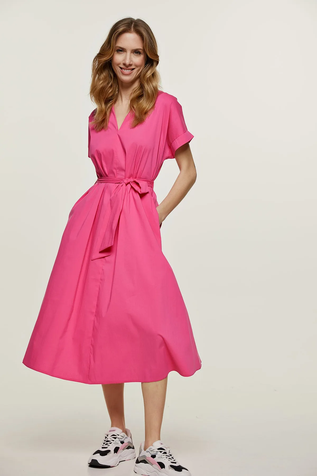 Fuchsia A Line Midi Dress with Belt
