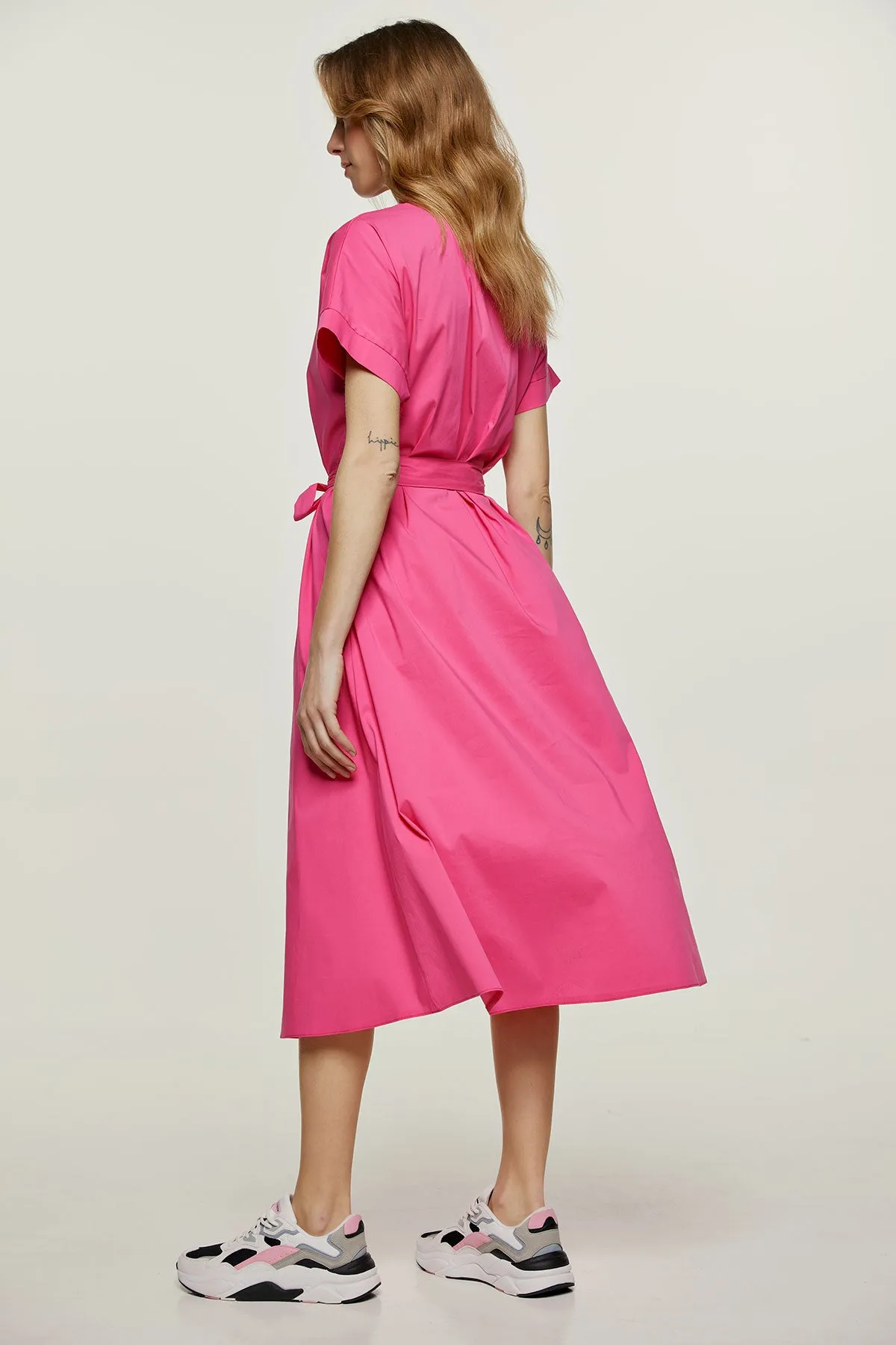 Fuchsia A Line Midi Dress with Belt