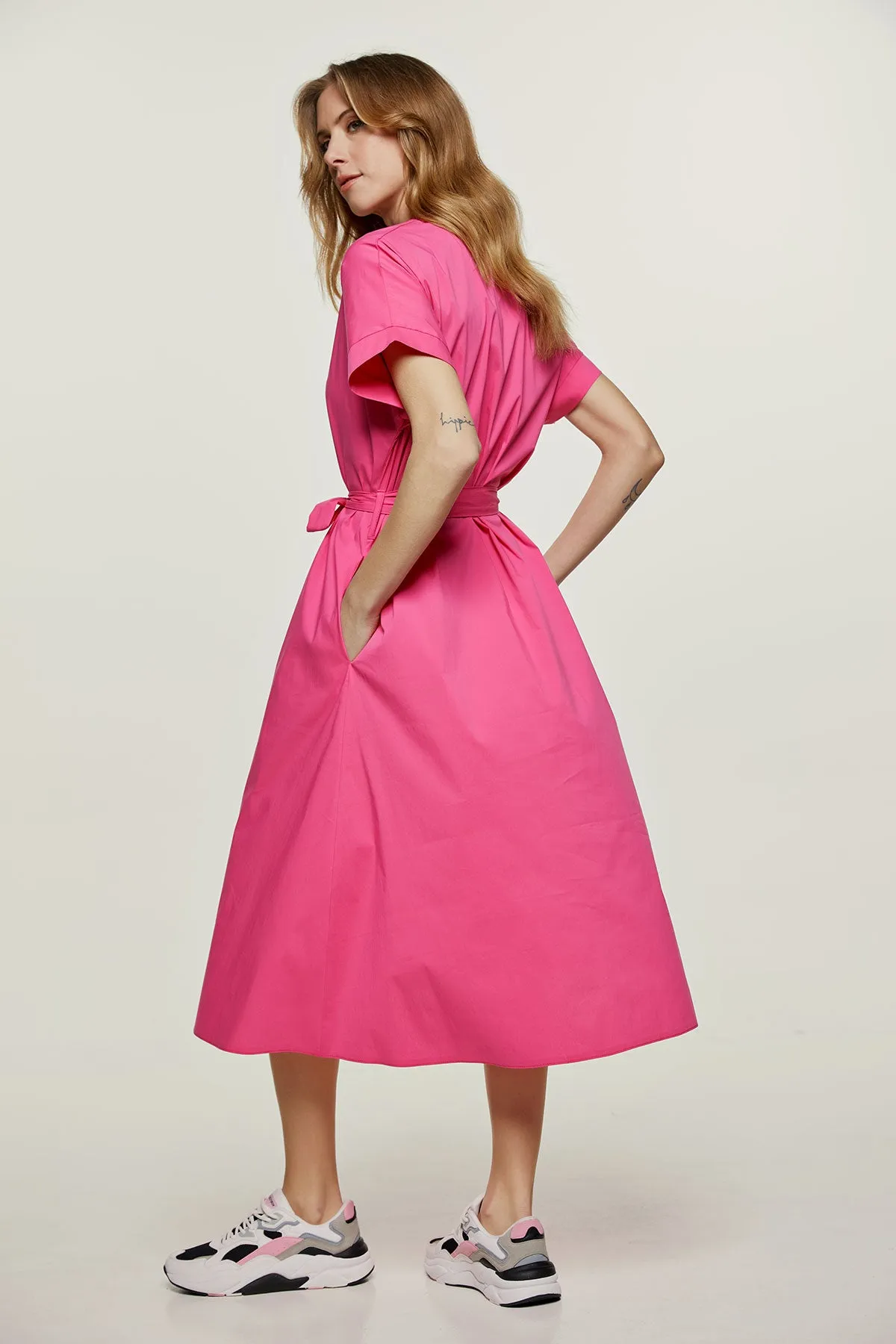 Fuchsia A Line Midi Dress with Belt