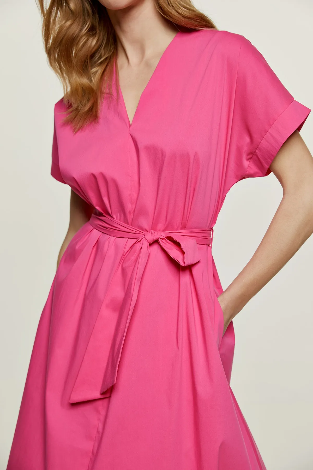Fuchsia A Line Midi Dress with Belt