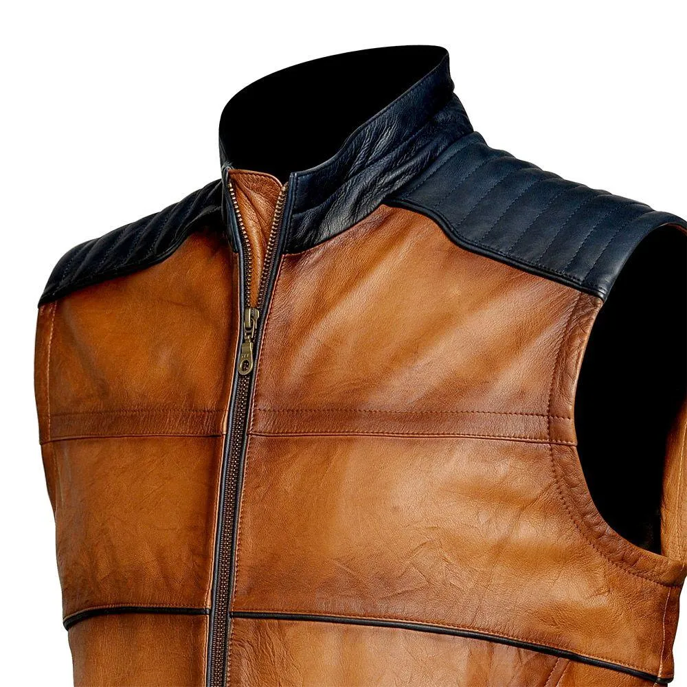 H105BOB - Cuadra honey racer contrasting wrinkled leather vest for men