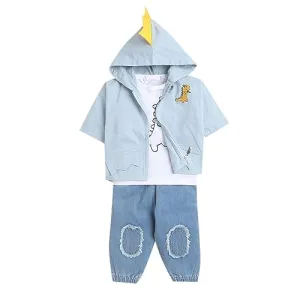 Hopscotch Boys Cotton-Blend Animal Print T-Shirt, Jacket And Pant Set In Blue Color For Ages 2-3 Years (YUE-3115217)