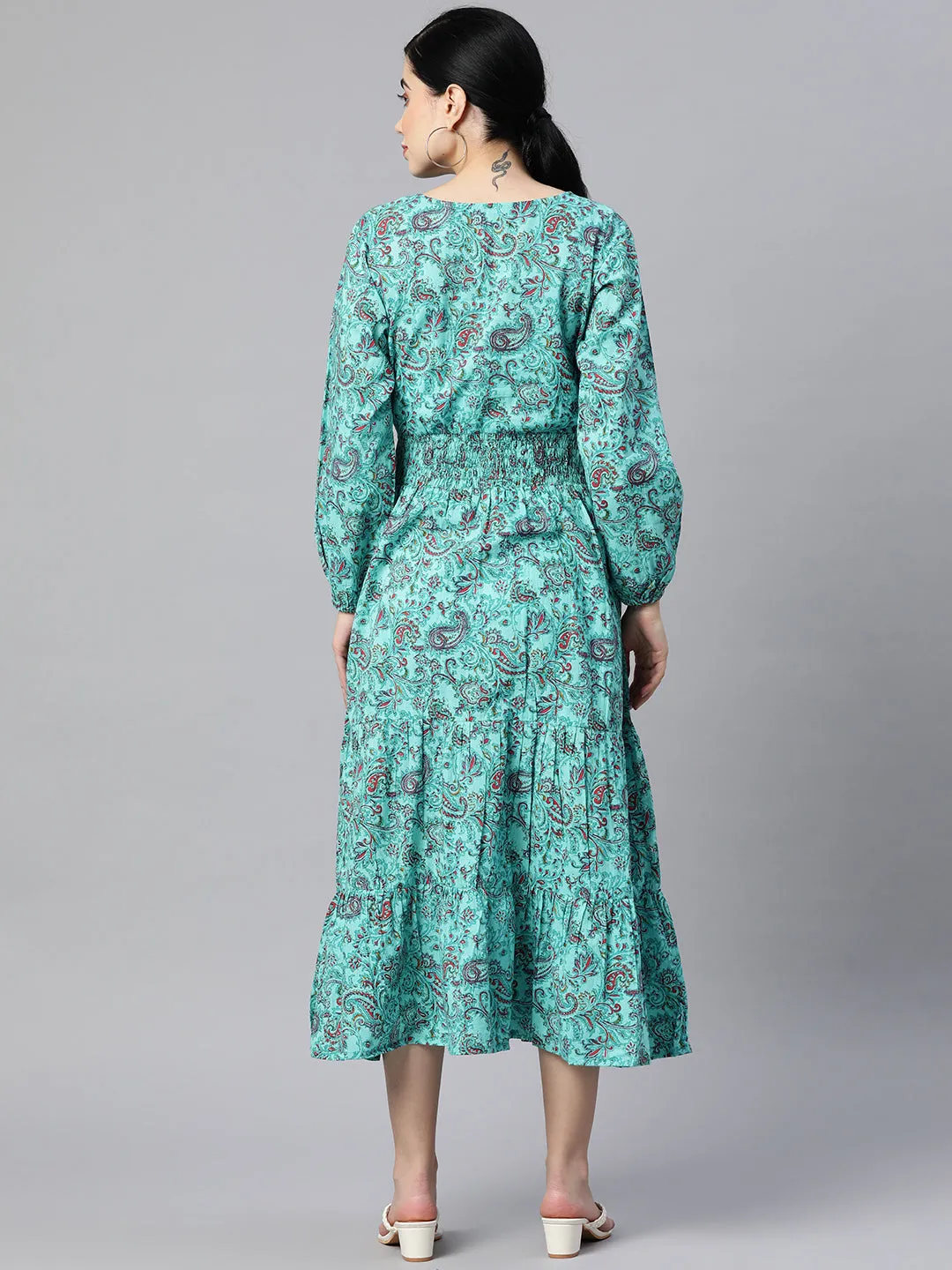 Indibelle Cotton Paisley Print Dress (Sky Blue)