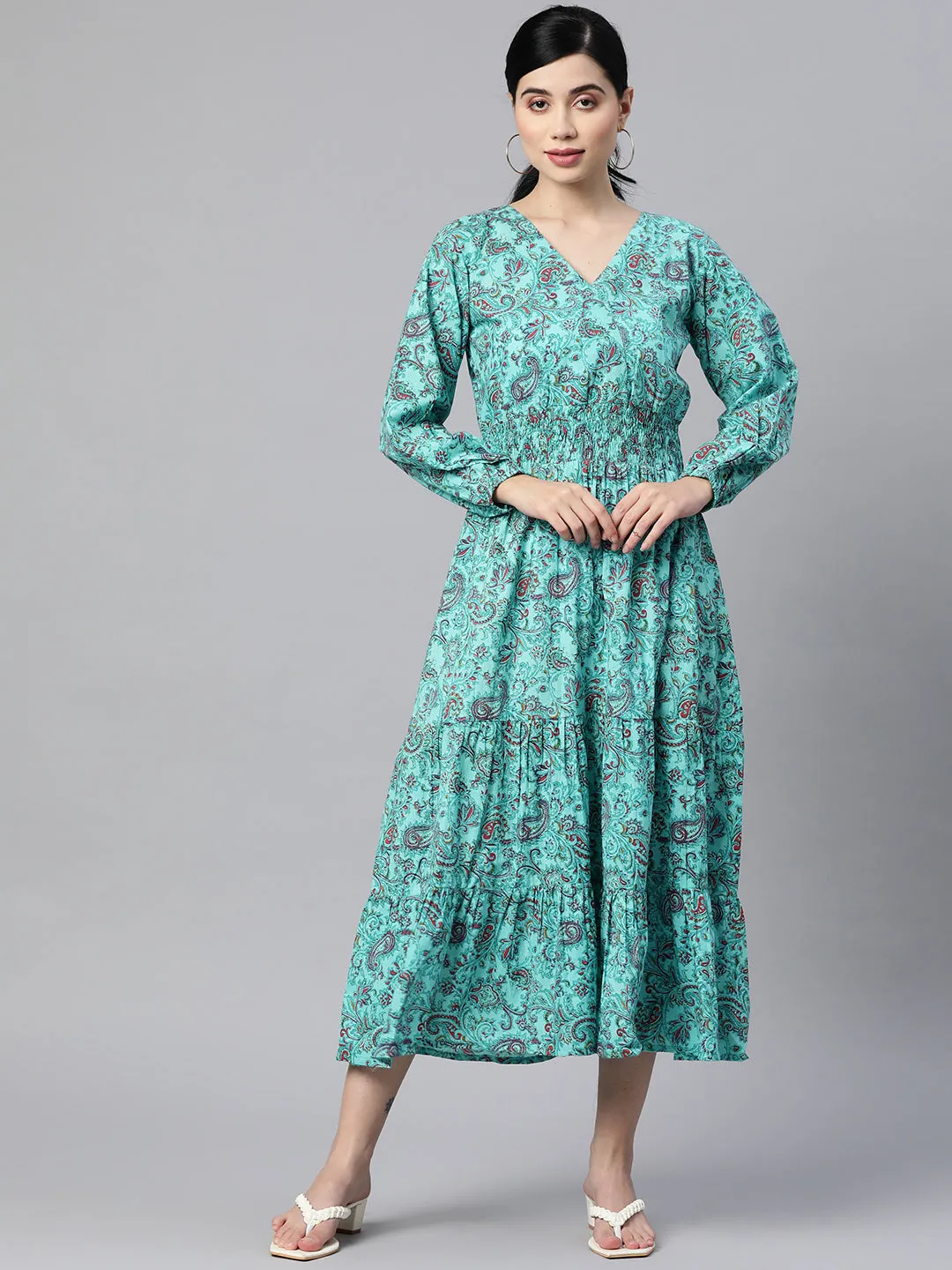 Indibelle Cotton Paisley Print Dress (Sky Blue)