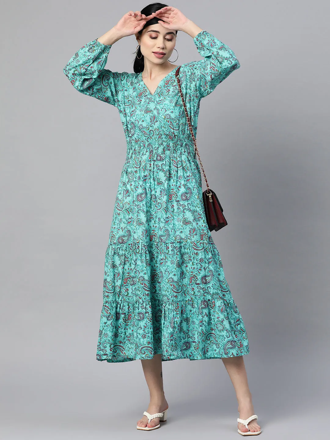 Indibelle Cotton Paisley Print Dress (Sky Blue)