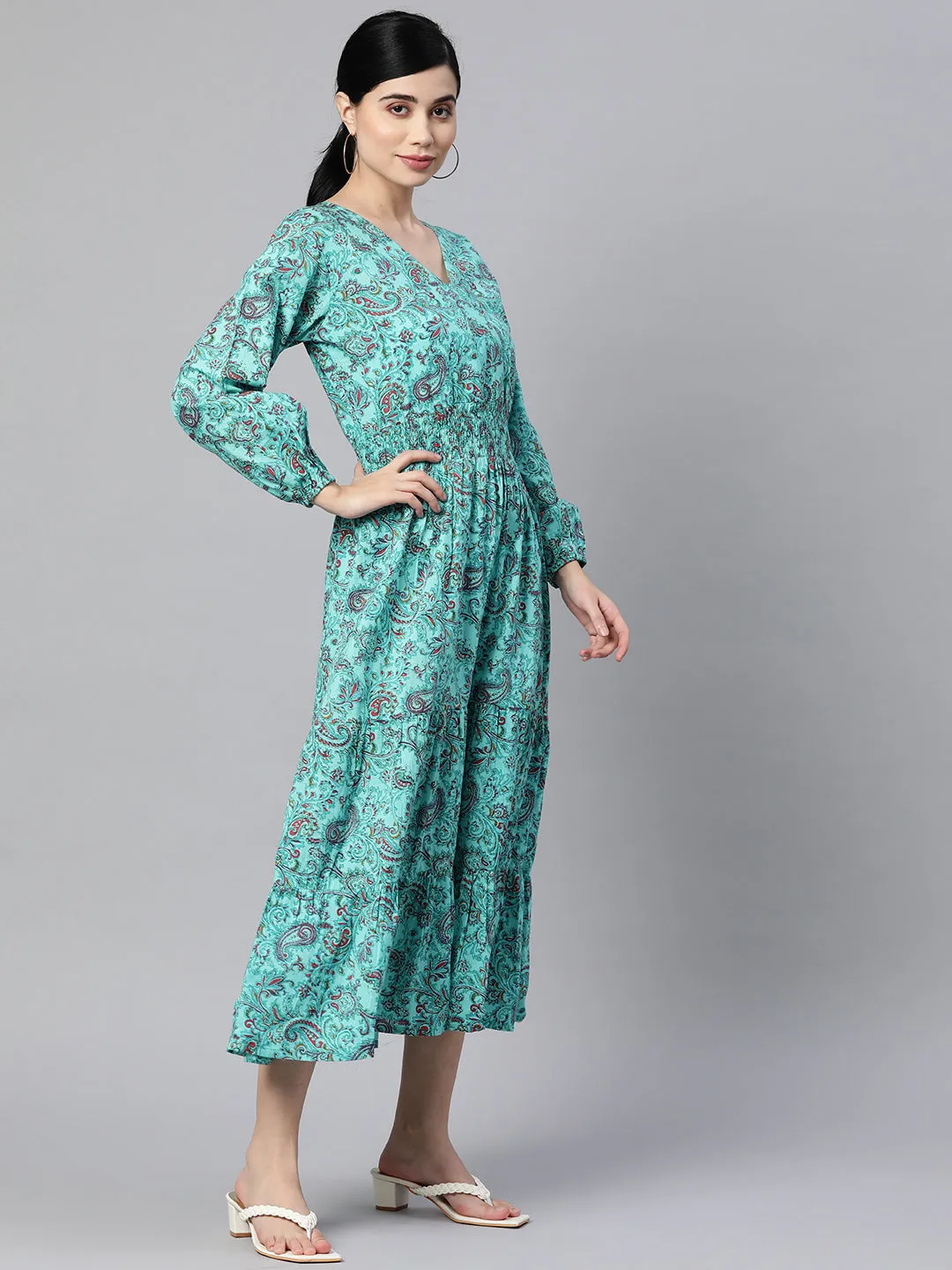 Indibelle Cotton Paisley Print Dress (Sky Blue)