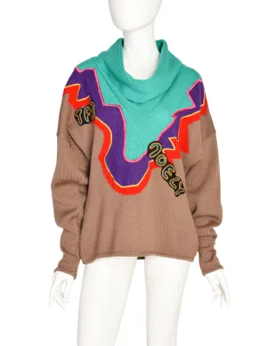 Kansai Yamamoto Vintage Multicolor Graphic Embroidered Applique Cowl Knit Sweater