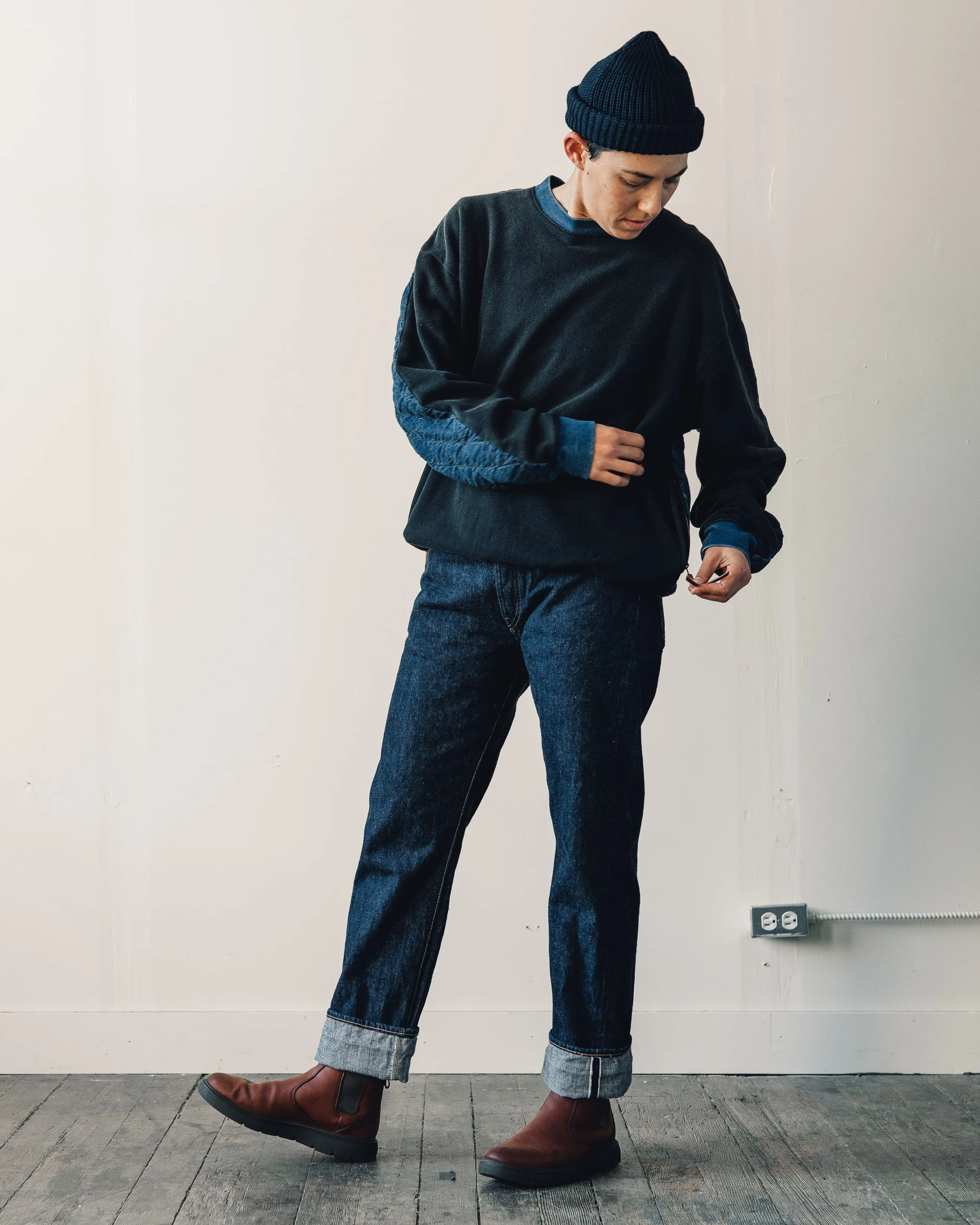 Kapital Fleece/Denim Quilted Big Sweatshirt, Black Indigo