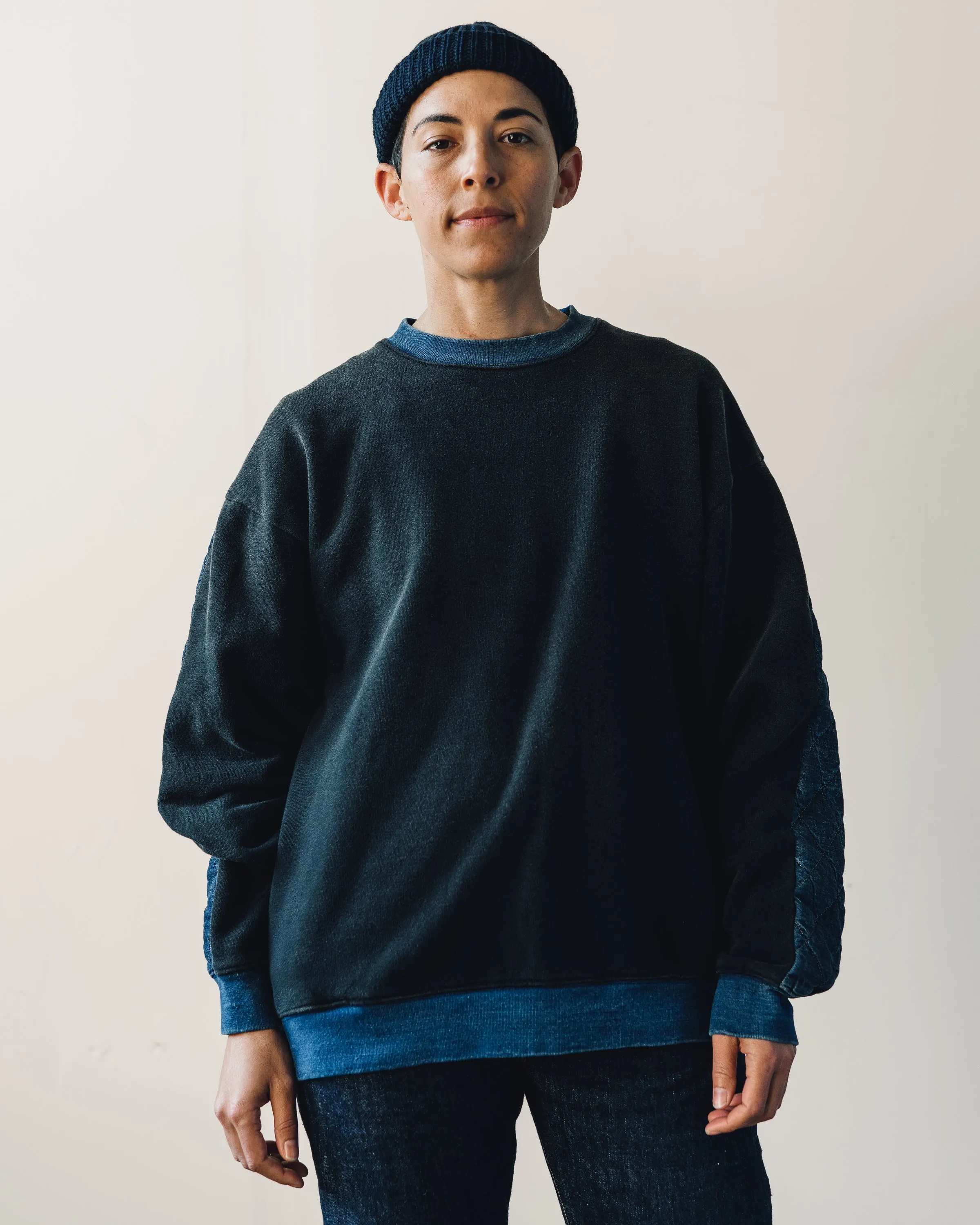 Kapital Fleece/Denim Quilted Big Sweatshirt, Black Indigo
