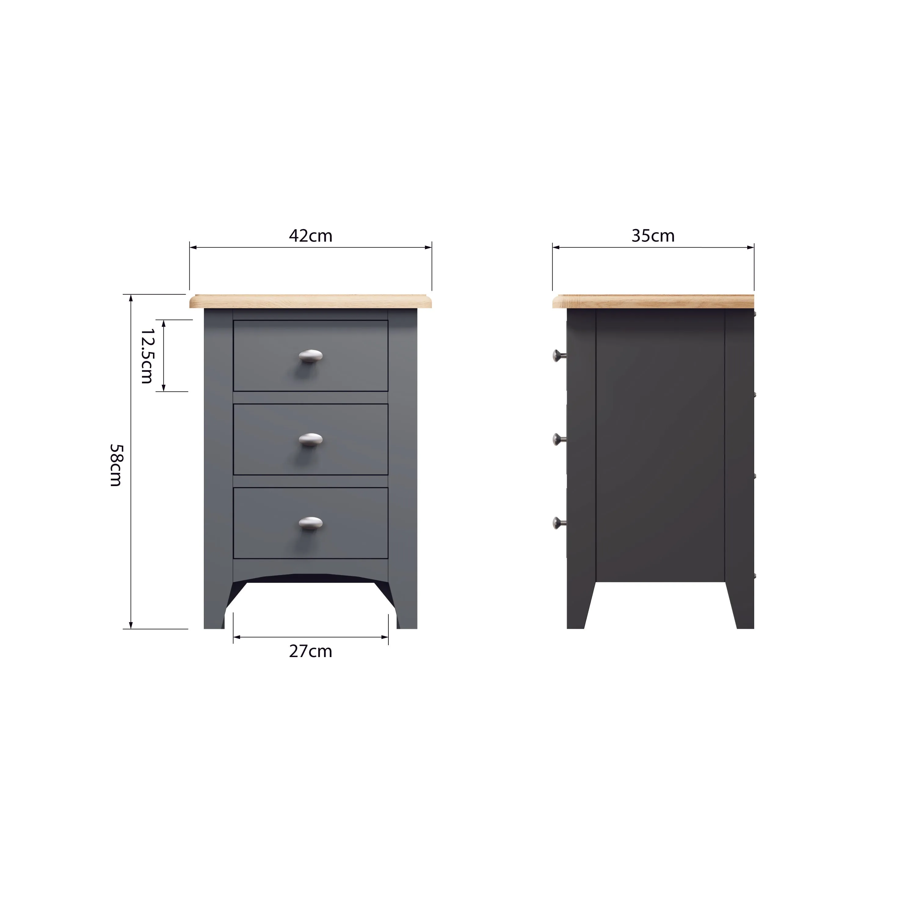 Malmesbury Grey Bedside Table with 3 Drawers 42 x 35 x 58 cm