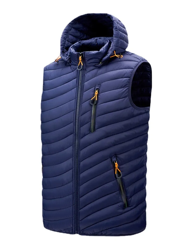 Men's Quilted Zip Front Padded Vest with Detachable Hood and Pockets - Casual Style