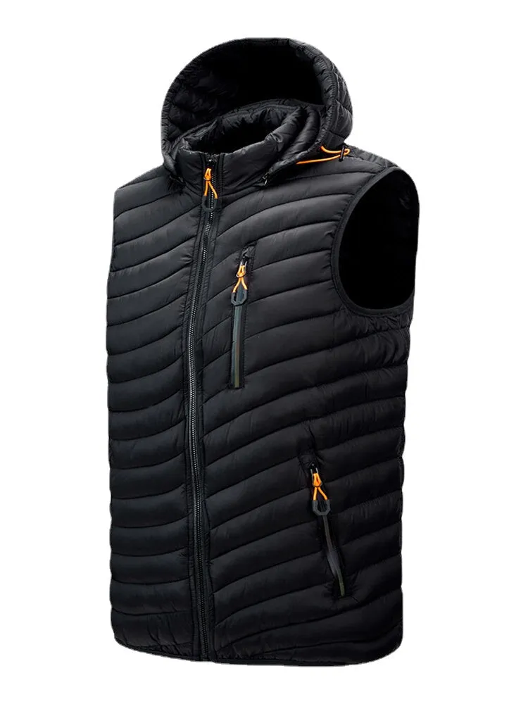 Men's Quilted Zip Front Padded Vest with Detachable Hood and Pockets - Casual Style