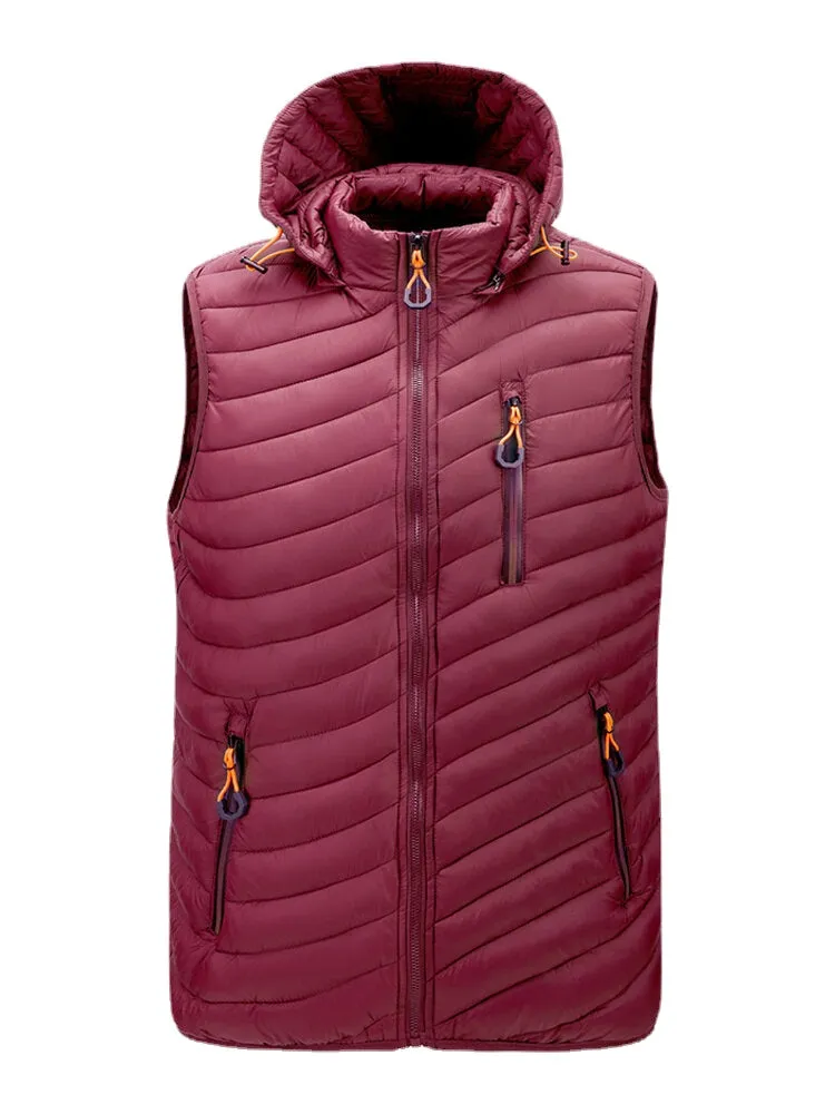 Men's Quilted Zip Front Padded Vest with Detachable Hood and Pockets - Casual Style