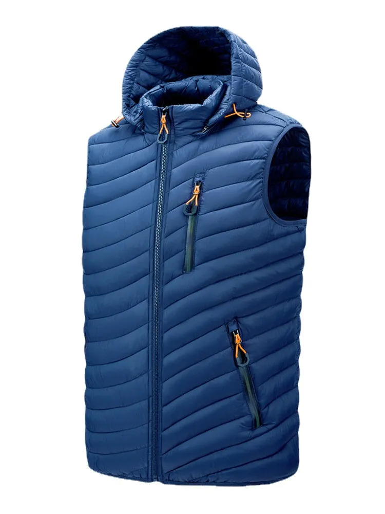 Men's Quilted Zip Front Padded Vest with Detachable Hood and Pockets - Casual Style