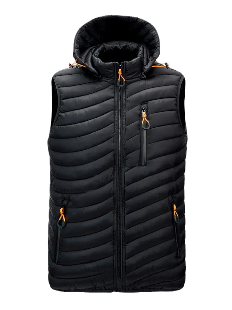 Men's Quilted Zip Front Padded Vest with Detachable Hood and Pockets - Casual Style