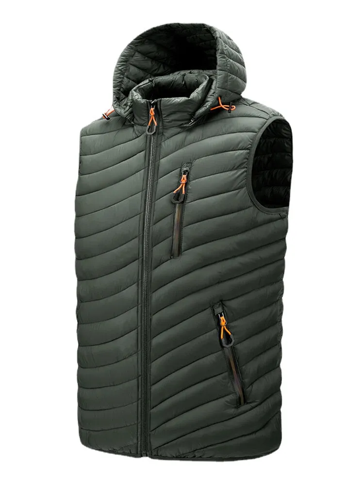 Men's Quilted Zip Front Padded Vest with Detachable Hood and Pockets - Casual Style