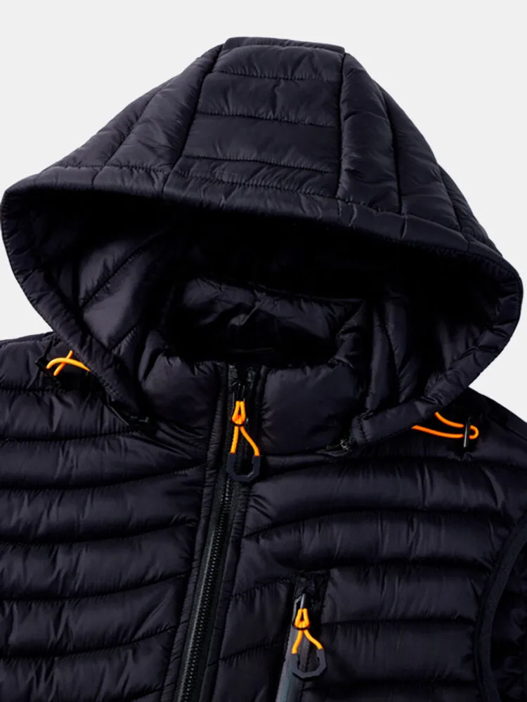 Men's Quilted Zip Front Padded Vest with Detachable Hood and Pockets - Casual Style