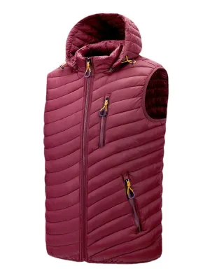 Men's Quilted Zip Front Padded Vest with Detachable Hood and Pockets - Casual Style