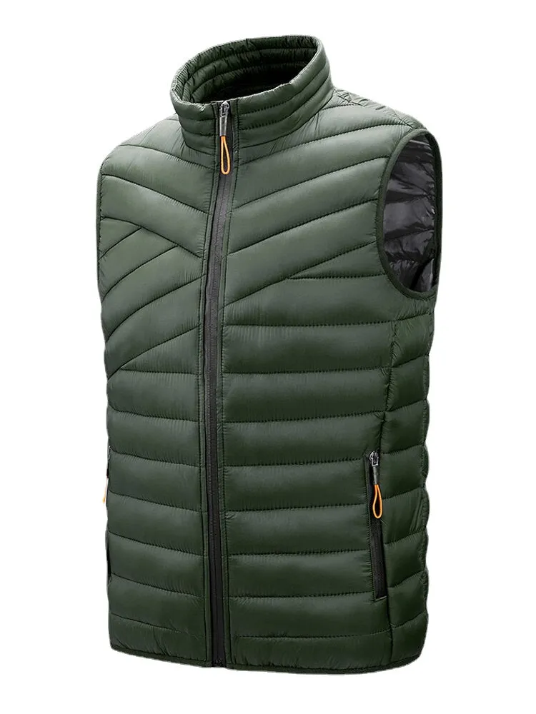 Men's Solid Quilted Sleeveless Padded Vest with Zip Front and Welt Pocket