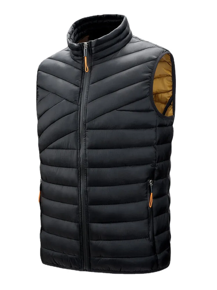 Men's Solid Quilted Sleeveless Padded Vest with Zip Front and Welt Pocket