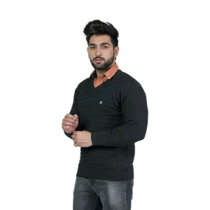 Men's V-Neck Solid Blended Wool Dark Grey Sweater